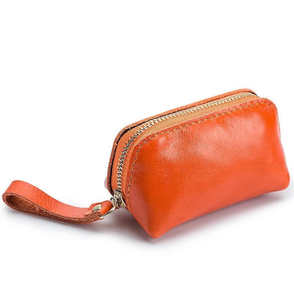 Zipper Mine Pouch Small Wallet for Men, Retro Orange Leather Mini Bag, Simple Plain Design, Compact Size