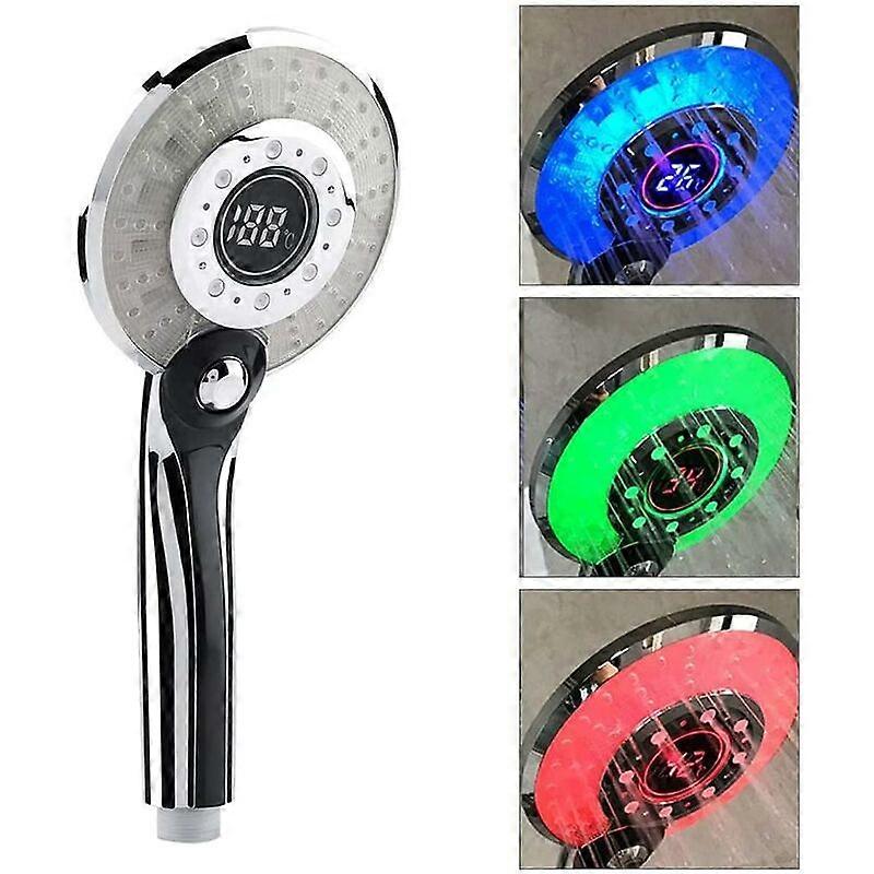 Handheld LED Shower Head 3 Color Temperature Control Hand Shower with Digital Temperature Display Water Saving 3 Spray Modes 1 Piece