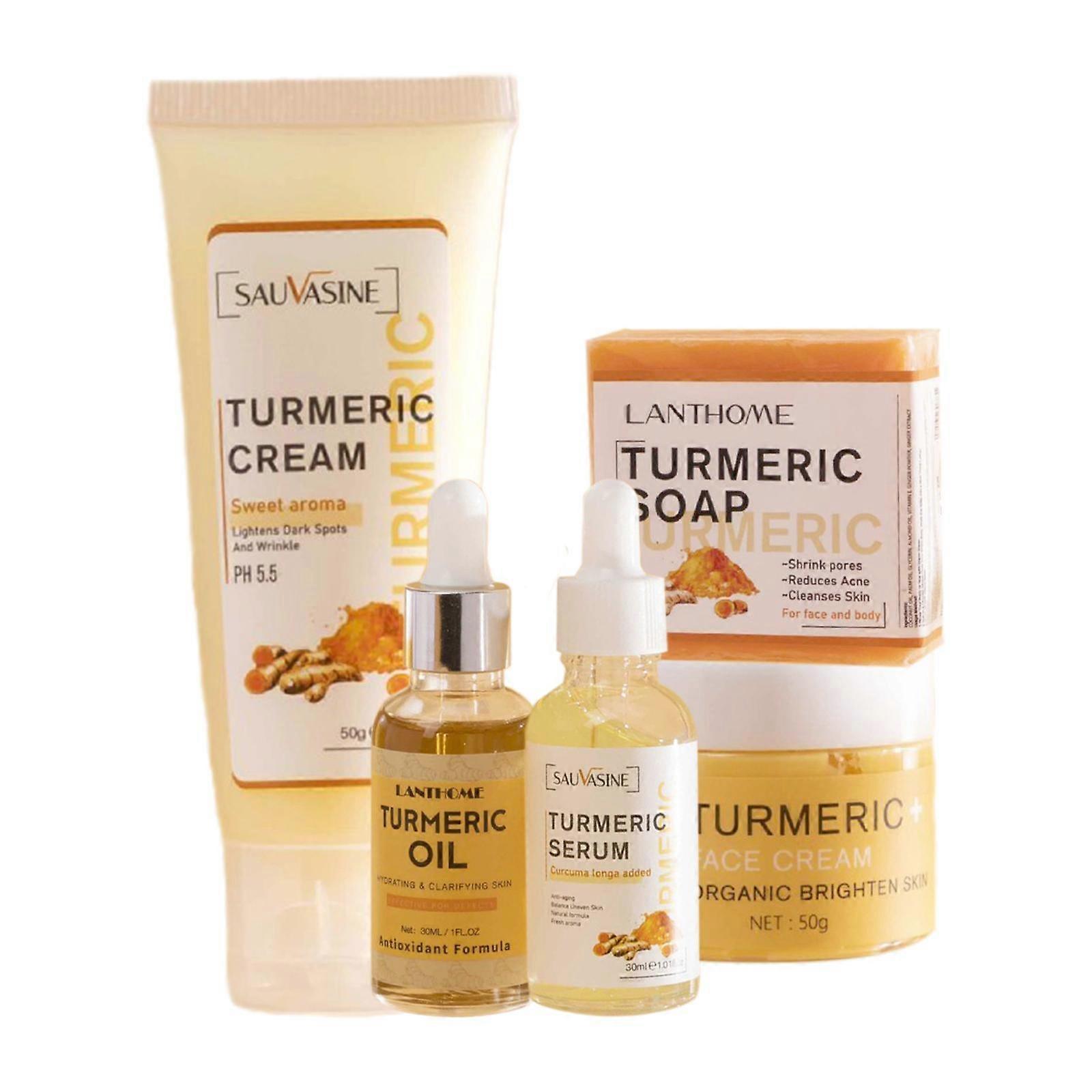 Turmeric Skincare Set 5 Piece Kit Deep Cleansing Anti Acne Pore Minimizing Brightening Moisturizing Face Care Combo