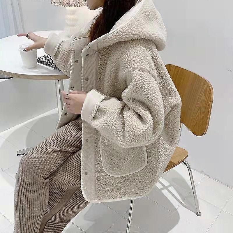Women's Faux Lambswool Hooded Jacket, Women's Autumn and Winter Jacket, Button-up Style, Small Man, Loose and Thin, Versatile Top