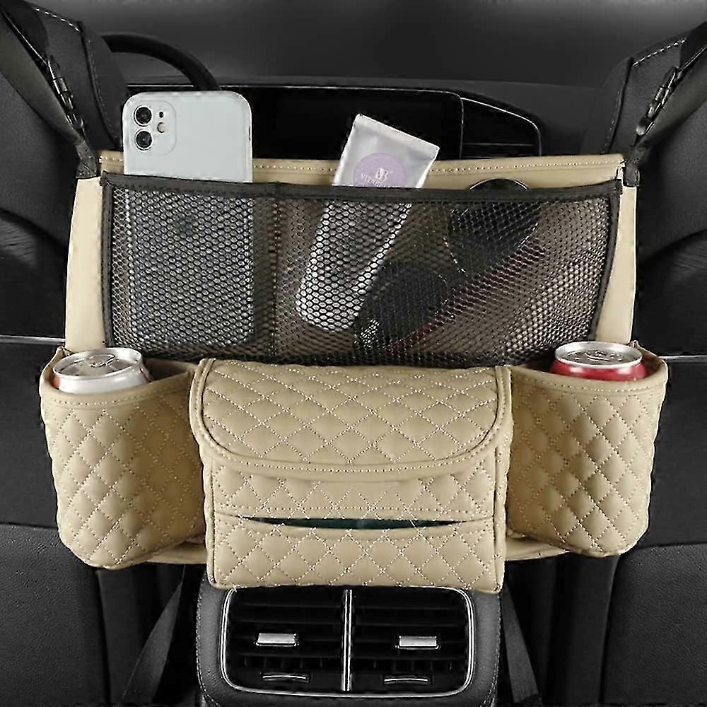 カーシート収納バッグレザー、高級オートバッグホルダー、シート間のハンドバッグホルダー、ウォーターカップポケット、収納