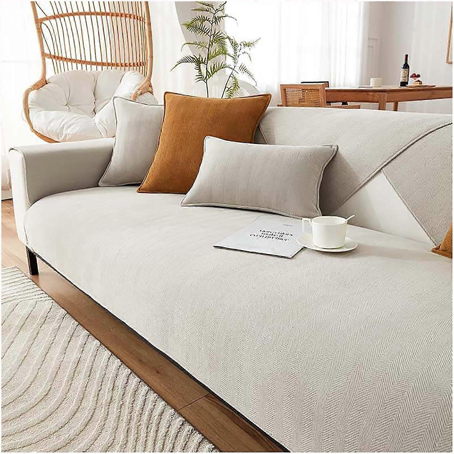 Herringbone Chenille Fabric Sofa Cover Non-Slip Fuzzy Couch Protector for 3-Seat Furniture in Grey