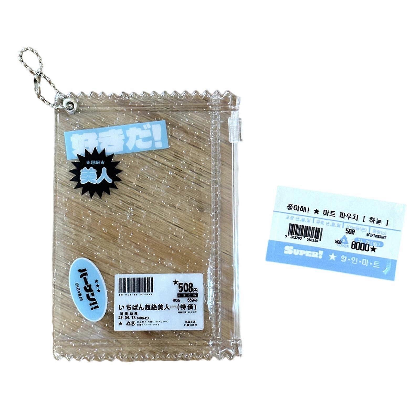 Korean Inspired Transparent Candy Pouch with Zipper, Card Holder and Keychain, Small Photo Card, Light Blue