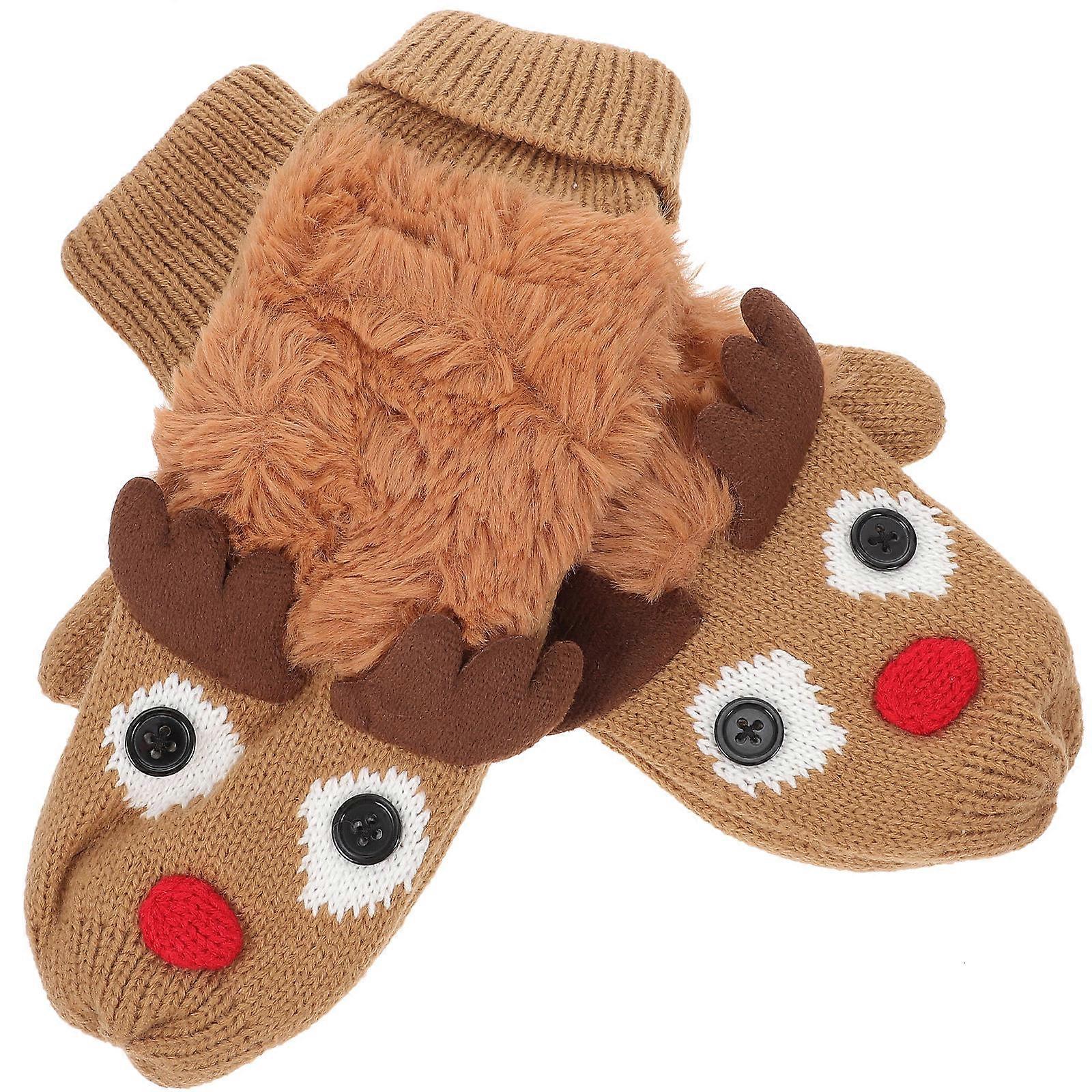 Warm Knitted Full Finger Gloves with Christmas Deer Pattern for Adults and Teens – Elastic Cuff Winter Mittens for Hiking, Skiing, and Outdoor