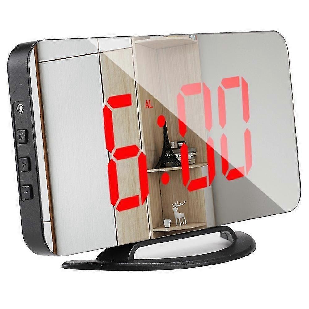 TS-8201 LED mirror digital display table clock desktop makeup mirror automatic photosensitive electronics (black and red LED display)