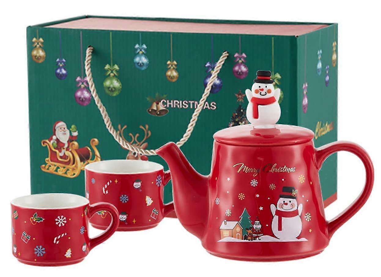 YBK Tech Novelty Tea for 2, Ceramic Coffee Pot Teapot and 2 Cups Christmas Series, Snowman Pattern (Red) Red (Snowman)