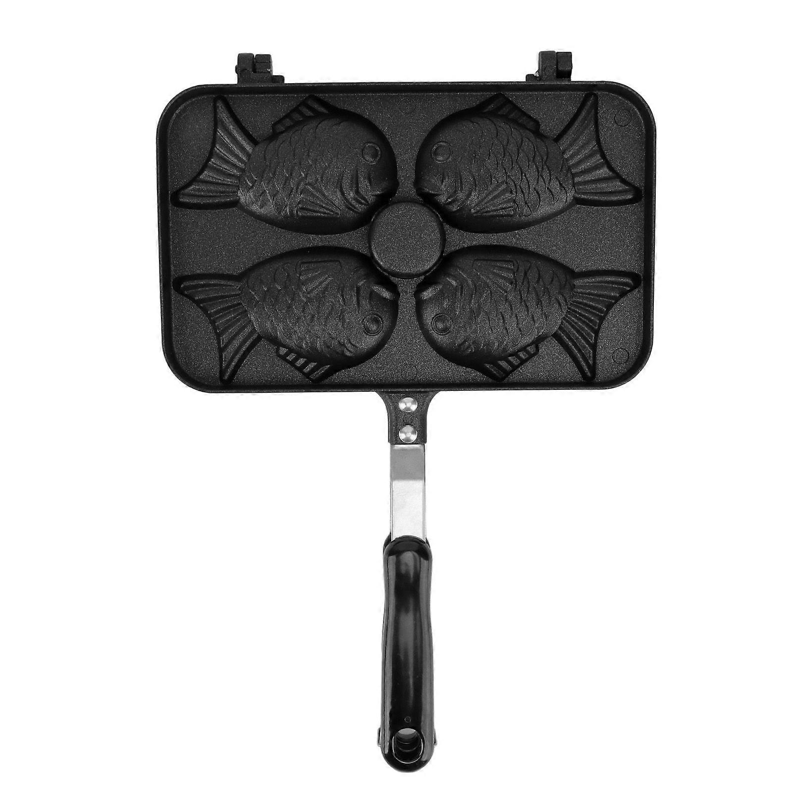 Taiyaki Frypan 4 Grids Non Stick Double Sided with Black Anti Scalding Handle Aluminium Alloy Waffle Pan for Kitchen