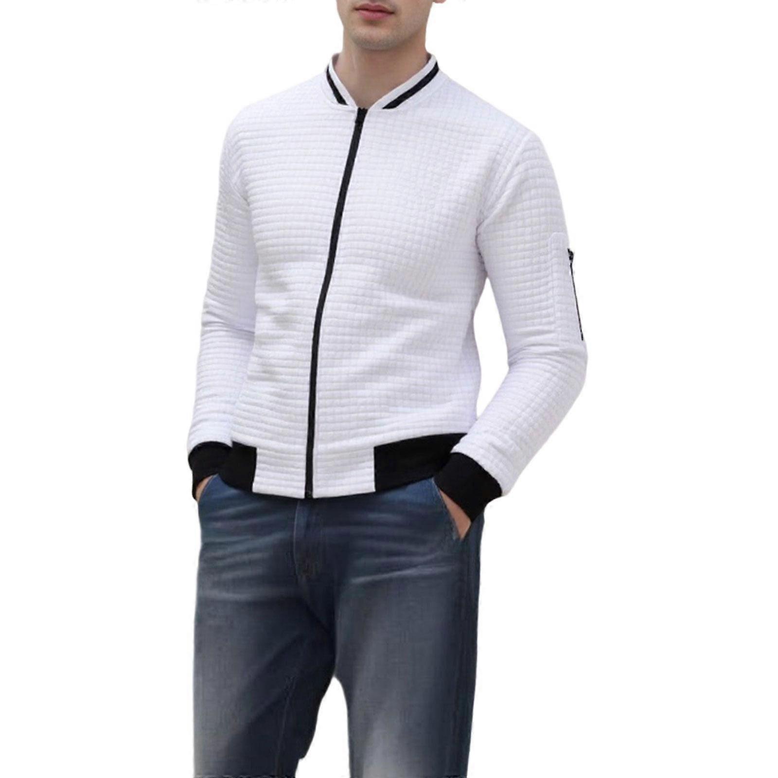Full Zip Stand Collar Polyester Jacket For Men Durable Winter Coat With Textured Mesh Fabric  White XL