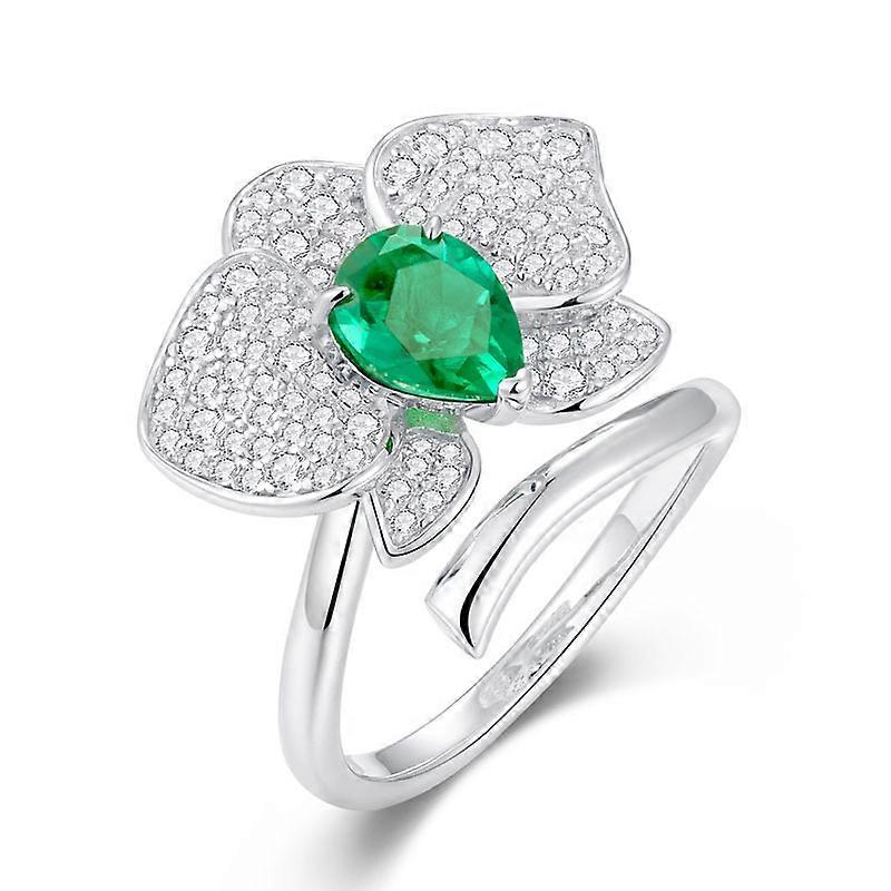 Floral Ring with Teardrop Emerald & Crystal Accents, Adjustable Silver-Plated Flower Ring for Women