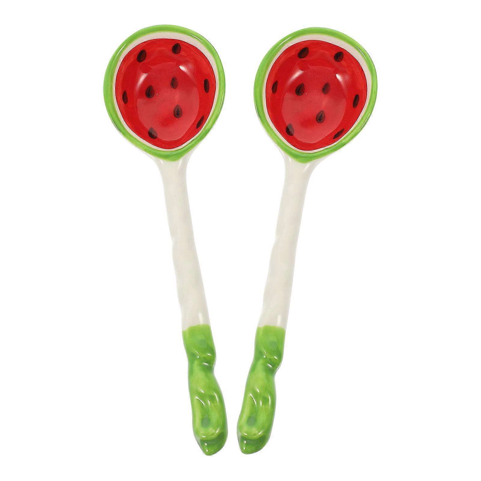 Long Handle Ceramic Spoons Kitchen Use with Fruit Pattern 4Pcs