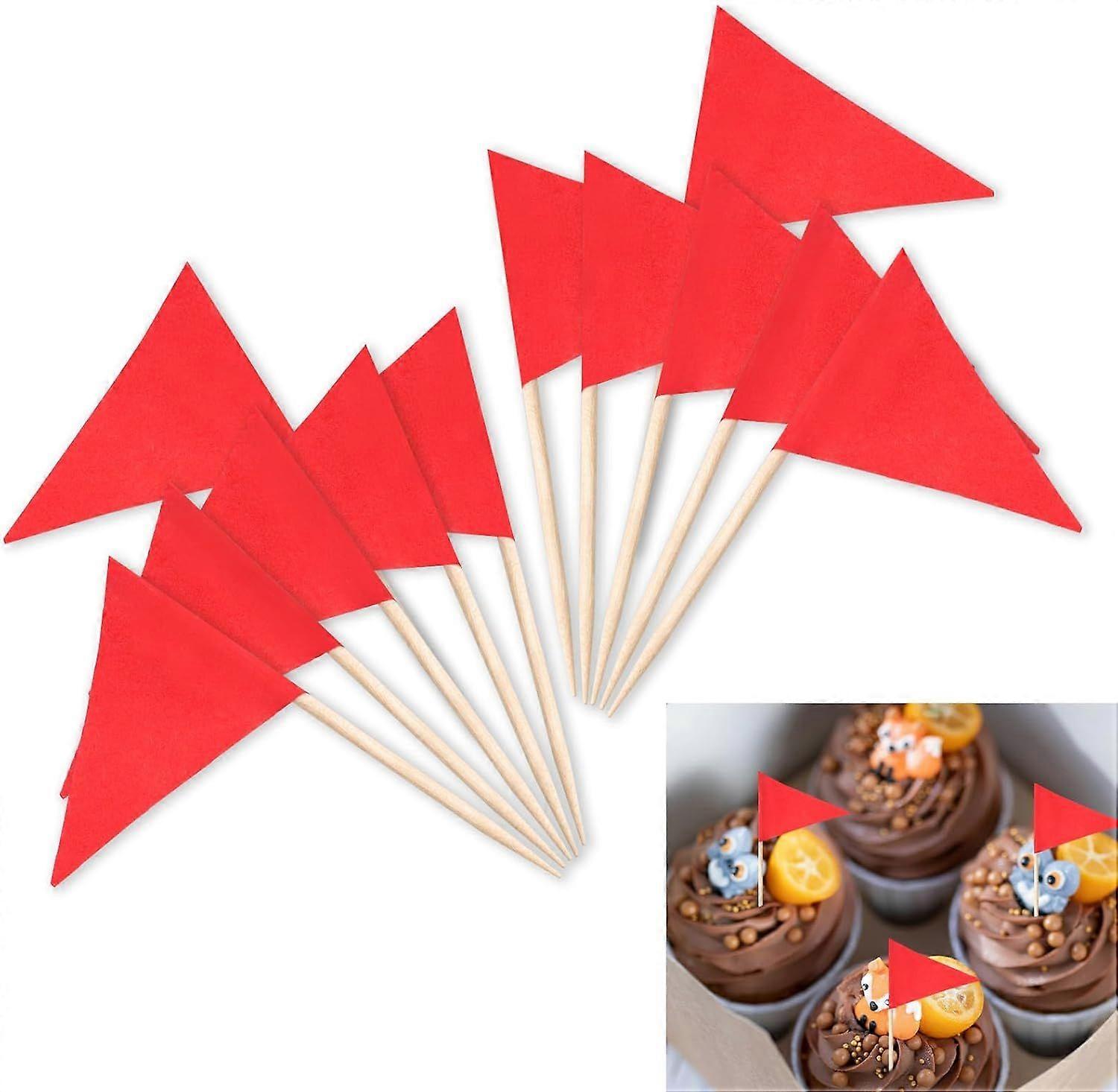 BLMHTWO 100 Pcs Mini Red Flags Toothpick Flags Solid Red Golf Cupcake Toppers Small Plain Red Triangle Toothpick Stick Flag Custom Cupcake Toppers for