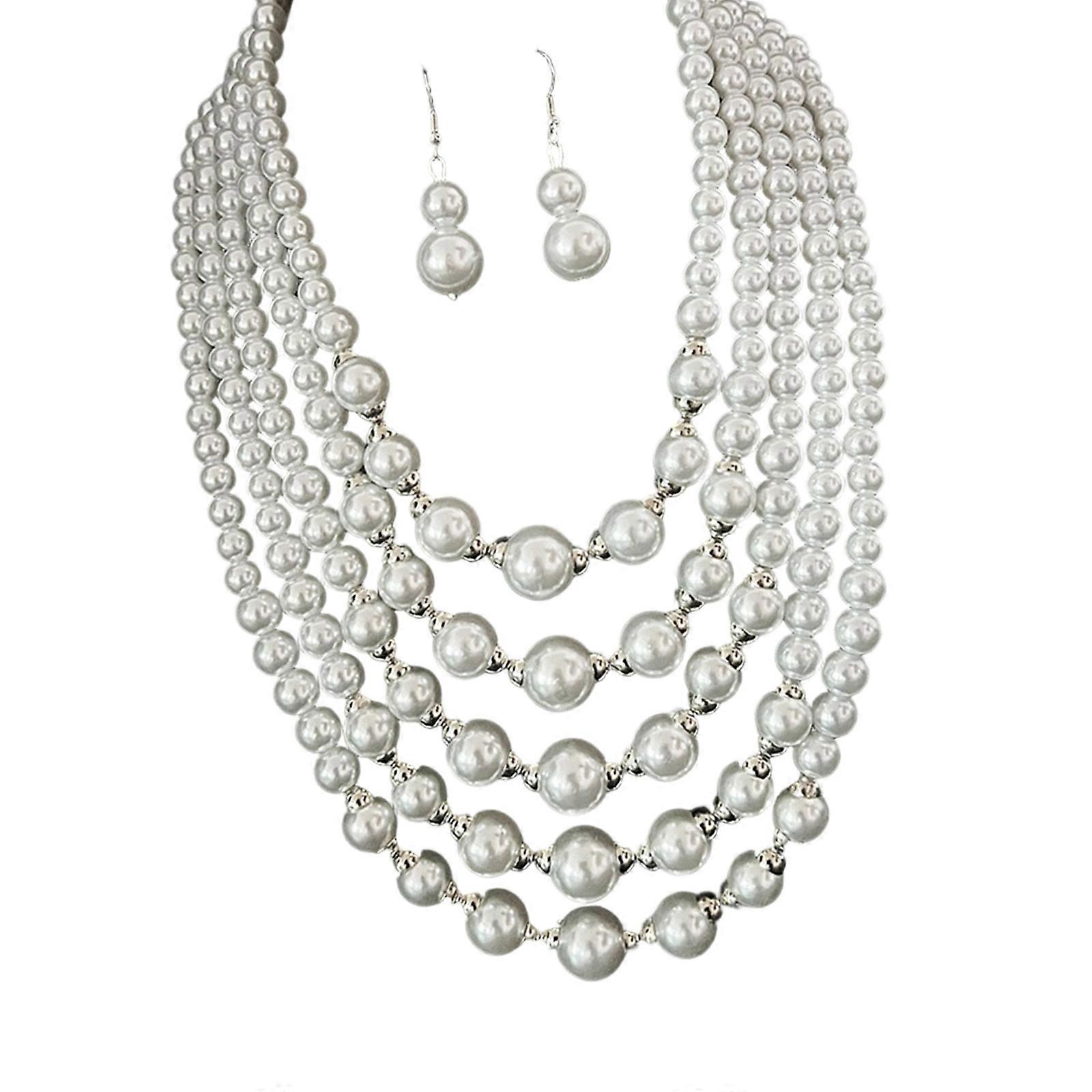 Sophisticated Layering Faux Pearls Necklace And Stud Earrings Set Effortless Style Transition From Day To Night Multicolor