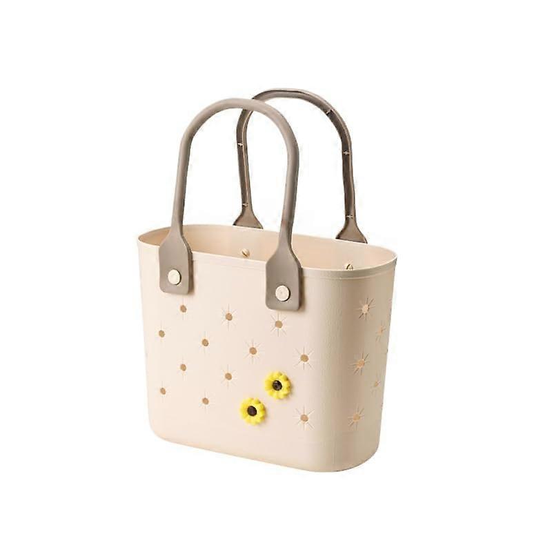 Plastic Storage Basket With Handle Soft Bottom Draining Beige Multi Scene Organizer For Outdoor Kitchen Bathroom