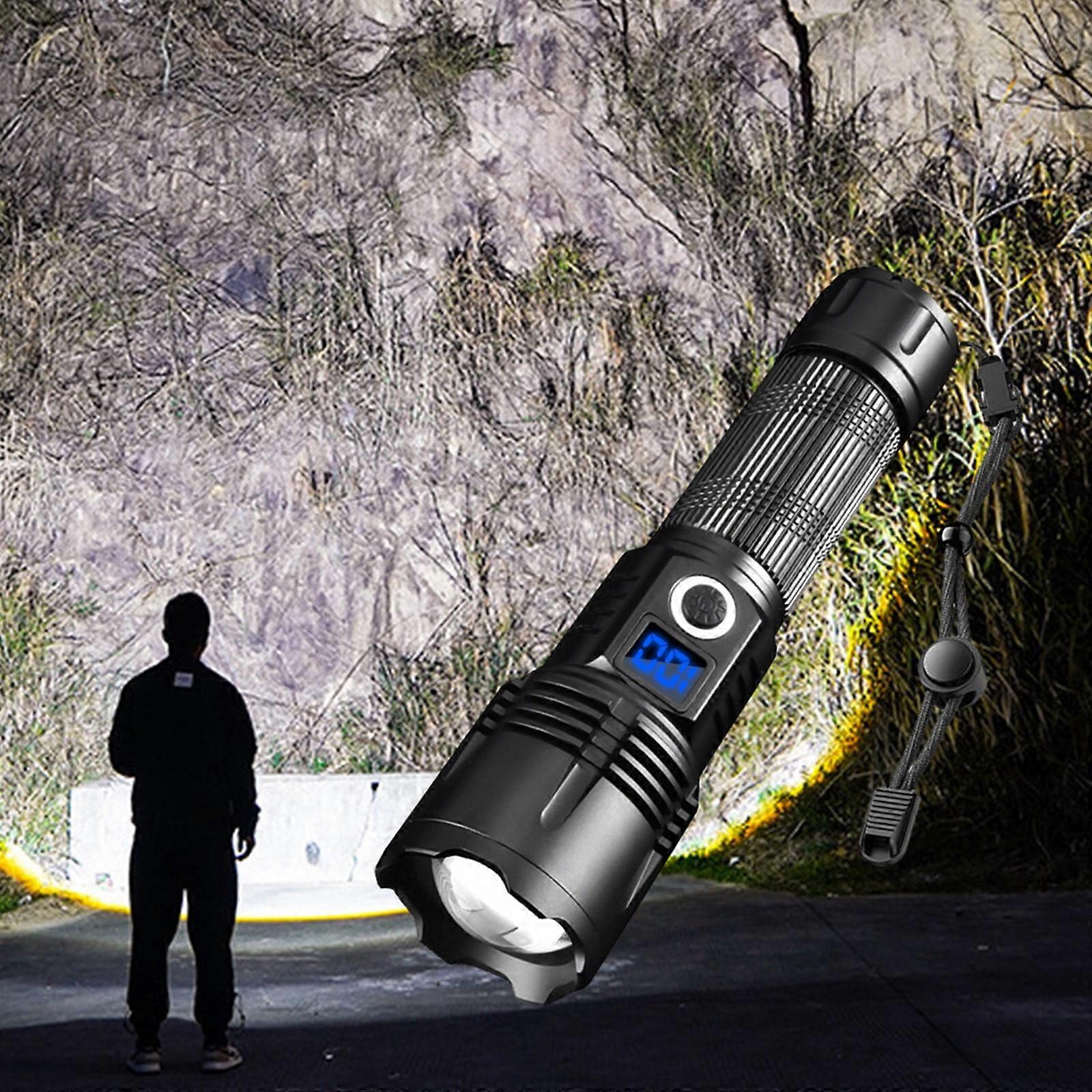 Gnobogi Camping Flashlight, LED Electric Torch with Power Display, IPX6 Waterproof, Telescopic Zoom, Portable Alloy Lamp, Compatible with USB