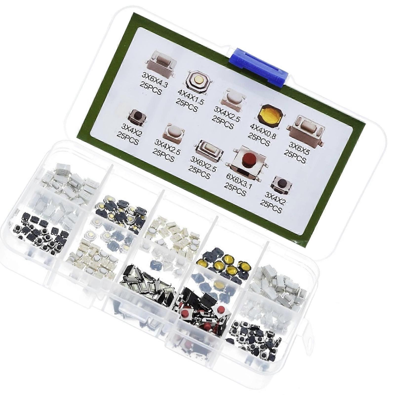 Pack Of 250PCS Tactile Push Button Switches 10 Types Metal & Plastic Switches High Sensitivity Switches for Electronics Multicolor