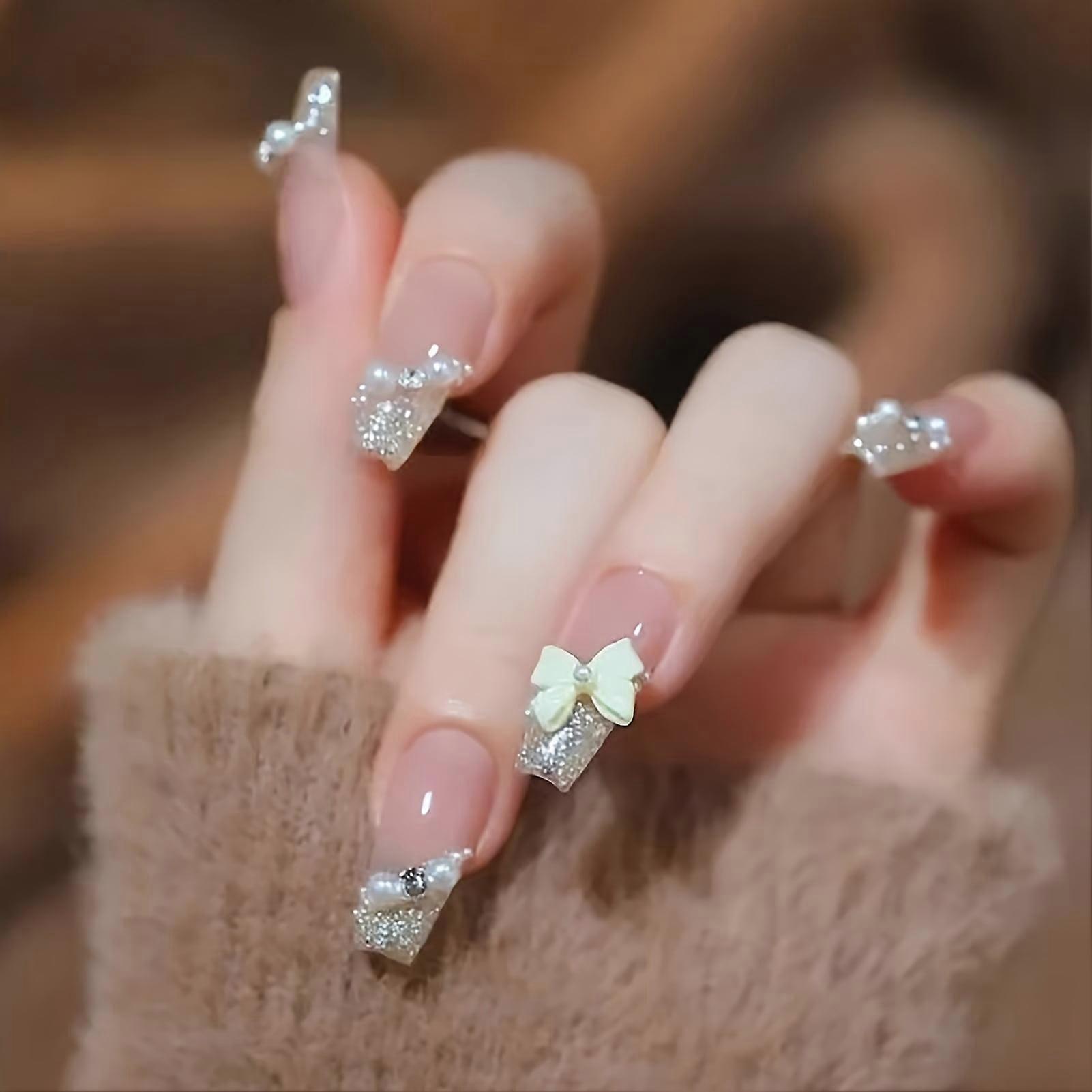 1/2/3 Sets 24PCS Pearl Rhinestones Press on Nails Medium Pink Bow Square Acrylic Glossy Reusable Stick on Nails with Glue Compatible with DIY