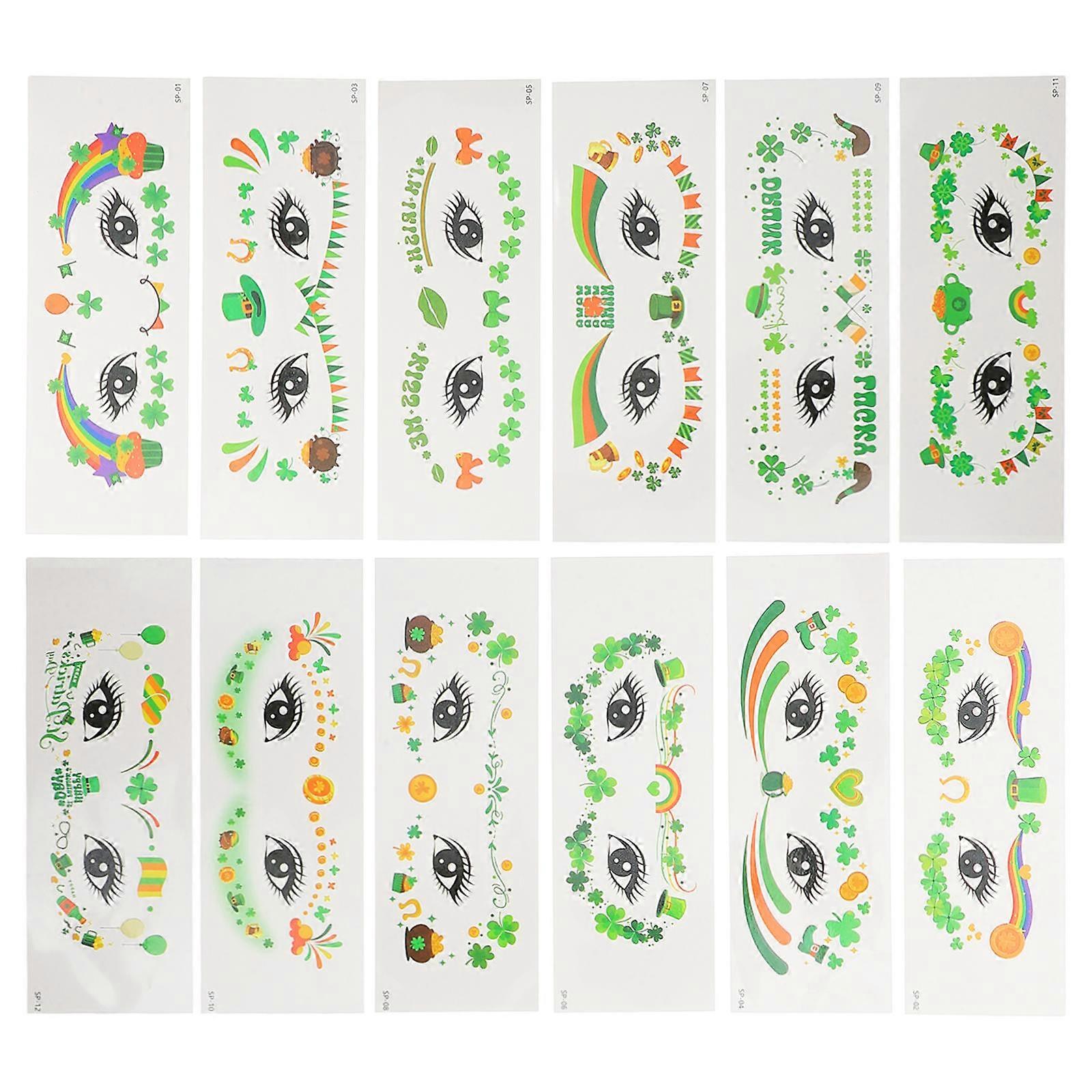 St Patricks Day Tattoo Stickers Shamrock Designs for Party 12 Sheets