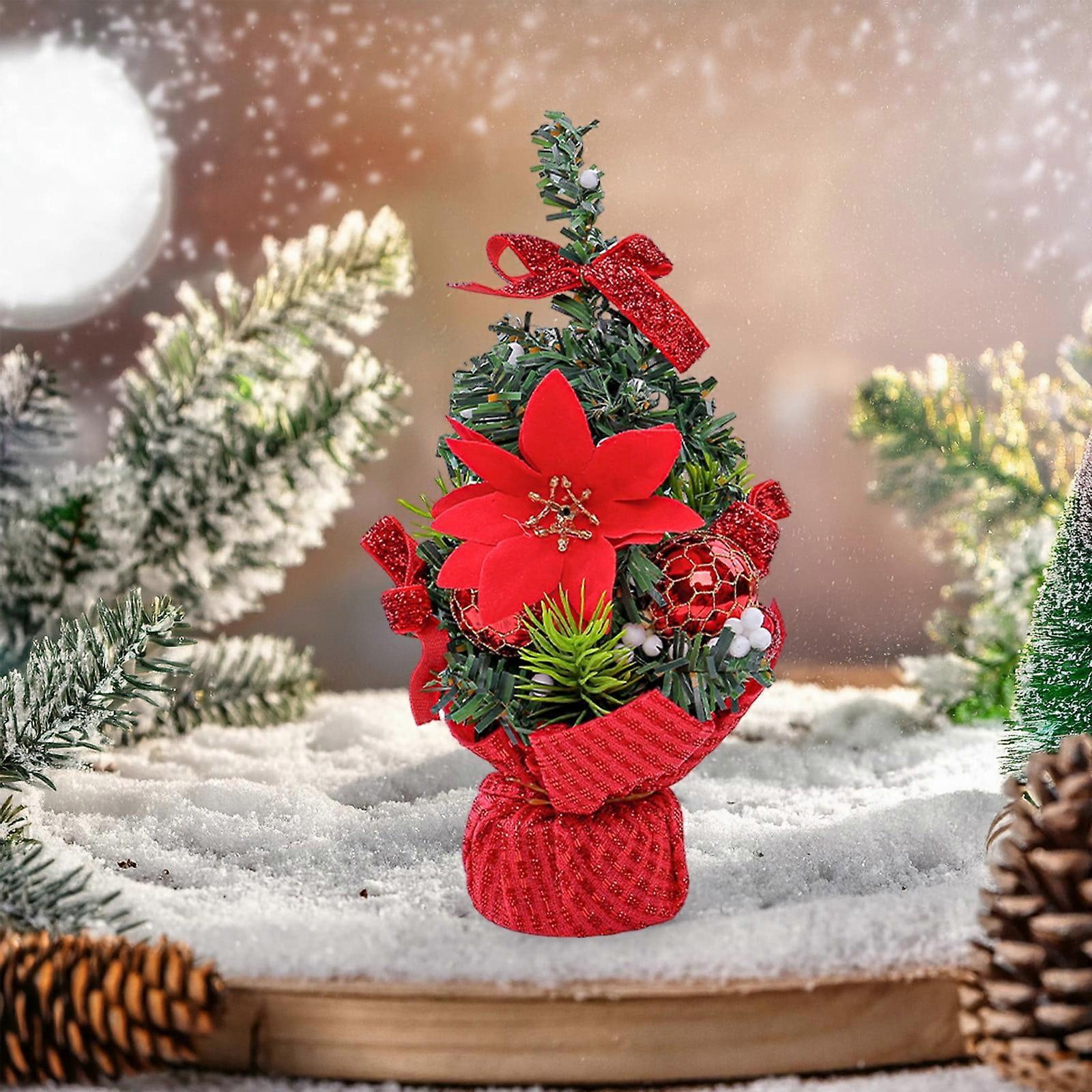 Mini Christmas Tree Tabletop Set with Balls, Berries & Star Top - Small Decor for Table, Gift - Red