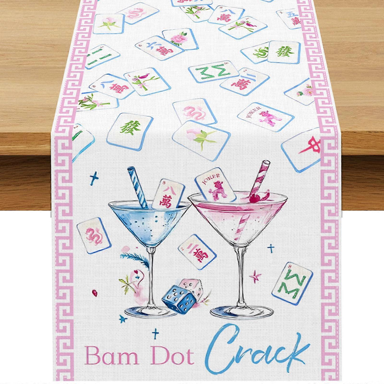 Christmas Mahjong Polyester Table Runner 13x72 LinenLike Texture FadeResistant Dining Decor