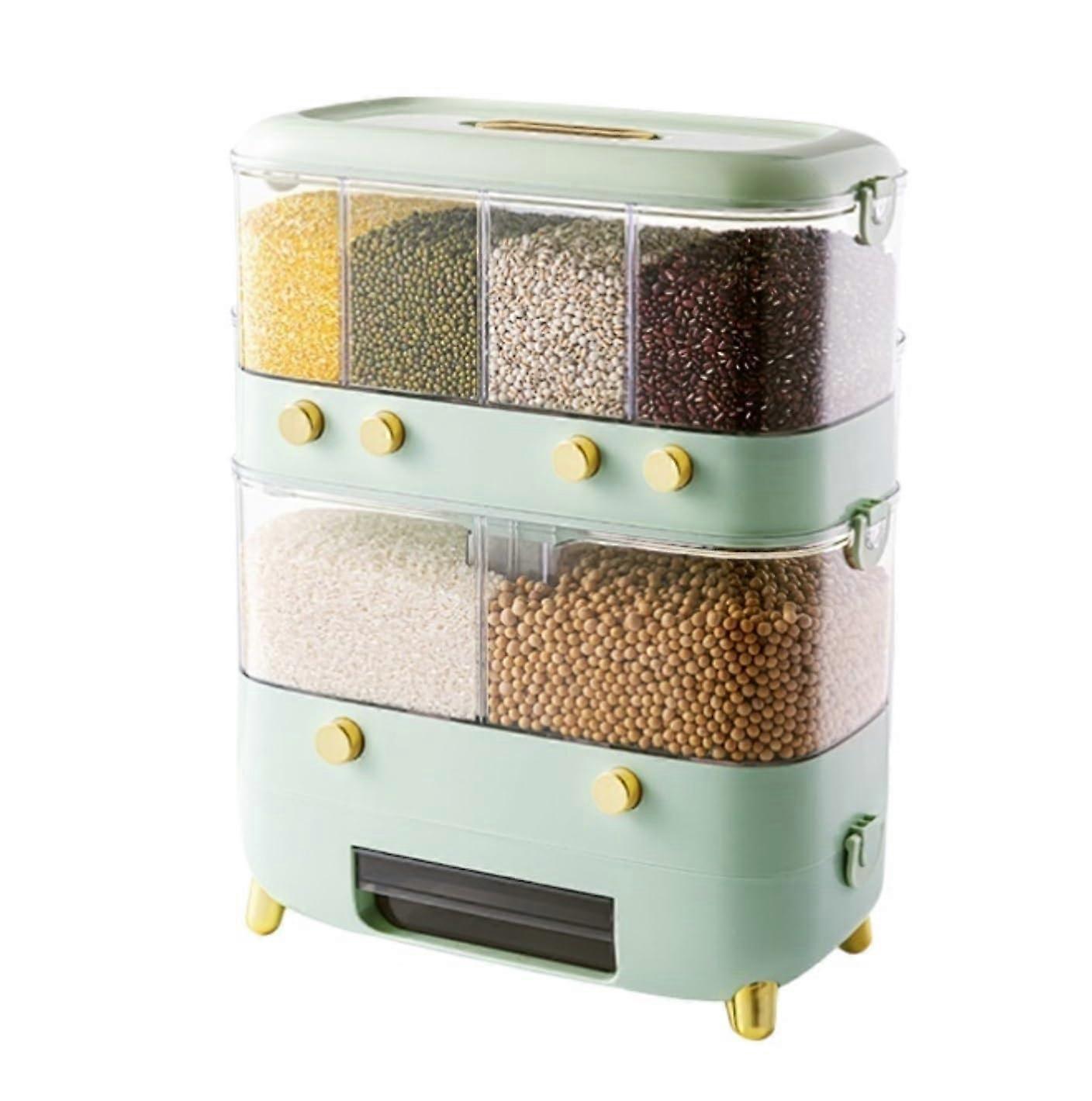 Cereal Dispenser with DualLayer Rotating Storage for Rice and Grains, Transparent Sealed Bin Green 40x17.5x35.5cm