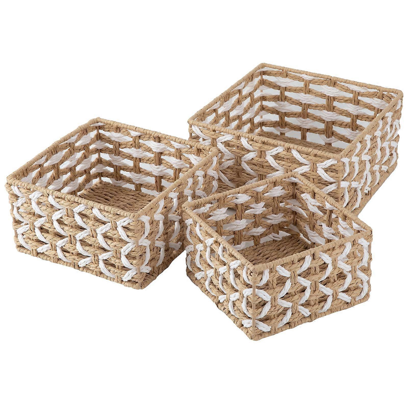 Wicker Storage Baskets Set of 3 Small Handwoven Paper Rope Bins for Versatile Home Organization