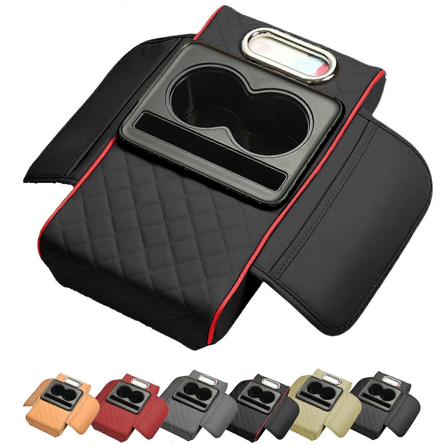 Car Armrest Console Organizer with 4 in 1 Storage, PU Leather Cushion, Cup Holder and Tissue Box, Black Red