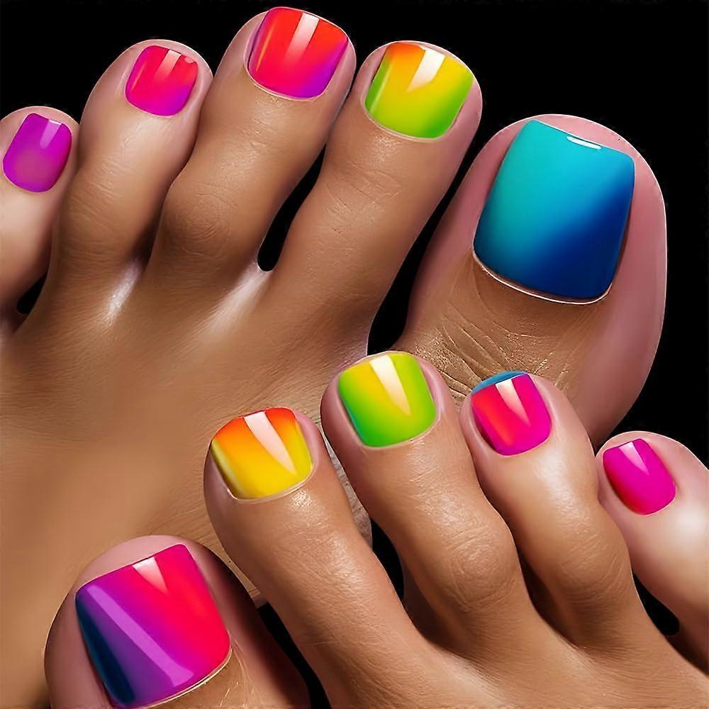 Rainbow Gradient Press On Toenails 24pcs Summer Beach Fake Toe Nails Short Pedicure Kit
