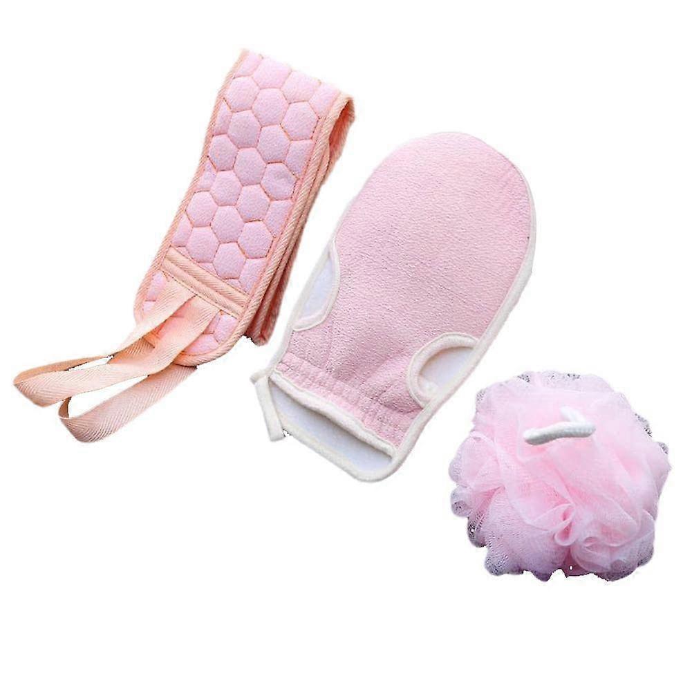 3Pcs Bath Brush Set with Back Scrubber, Loofah Sponge and Exfoliating Gloves for Deep Cleansing