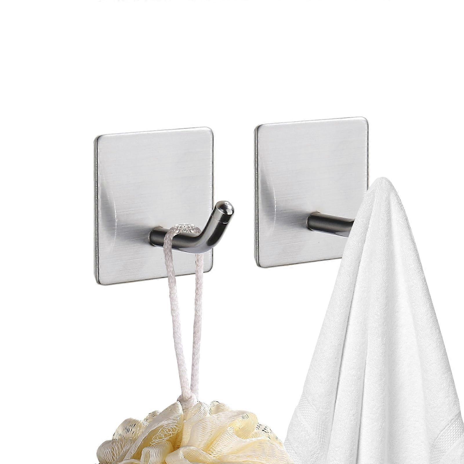 Adhesive Towel Hooks Bathroom Wall Mount Stainless Steel RustProof No Drill 2 Pack Silver