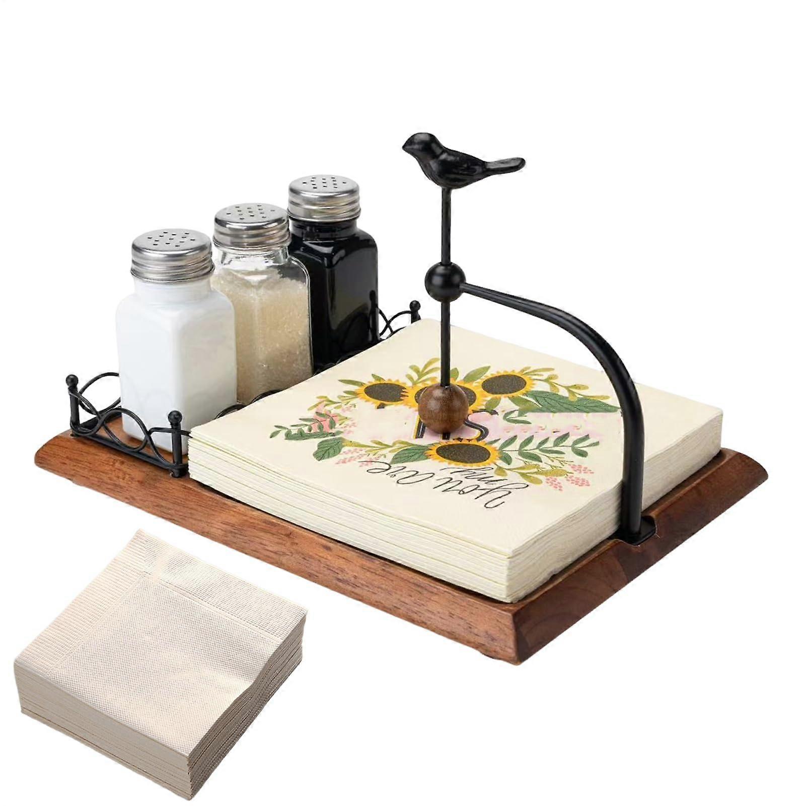 Rustic Wooden Napkin Holder with Elegant Bird Design and Walnut Base for Kitchen Dining Table