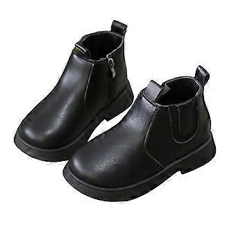 Botas de cano curto com corrente de pérolas brilhantes para meninas, estilo britânico, botas de couro com sola macia, compatíveis com crianças maiores e bebês, pretas, tamanho 10-10,5.