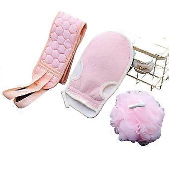 Juego de 3 exfoliantes de espalda con asas, esponja de baño y guante corporal para limpieza profunda (rosa)