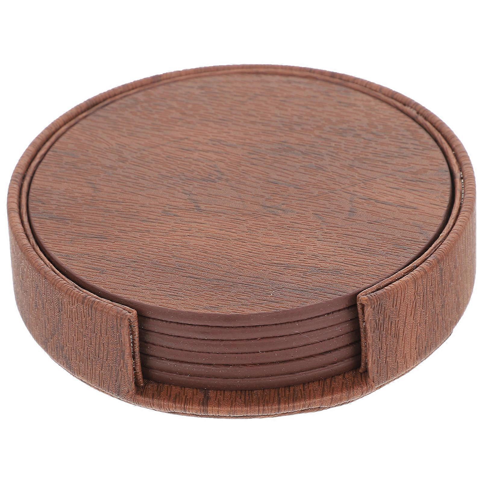 Practical Cup Mats Brown PU Pads for Kitchen Use 6Pcs Round Set