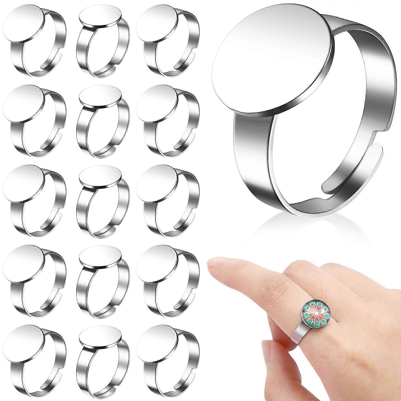 Silver Adjustable Finger Rings Bases for Ring Making with Flat Round Blanks 20Pcs