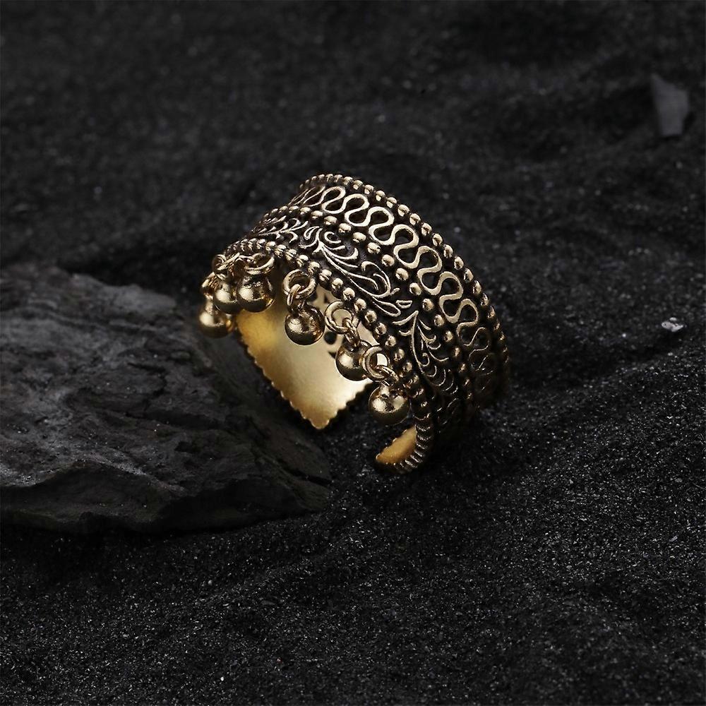 Bague pour femme en acier inoxydable, ornée de perles rondes, de pompons et d'un motif ajouré, style rétro chinois. Bijou de doigt avec breloque.