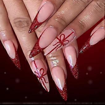 Christmas Stiletto Fake Nails Set 24Pcs Reusable, Red French Tip with Bow