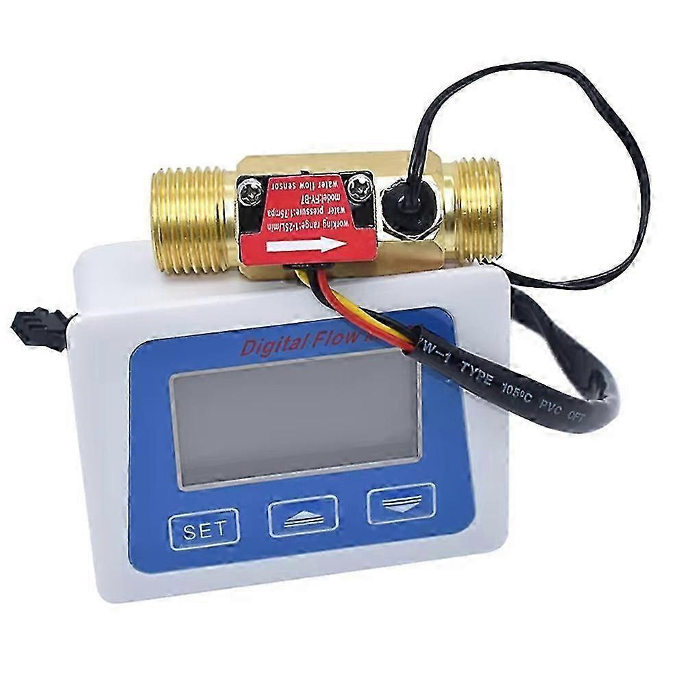 Digital LCD Display Water Flow Sensor Meter Flowmeter Totameter Temperature Time Record with G1/2 Flow Sensor-WHBYV