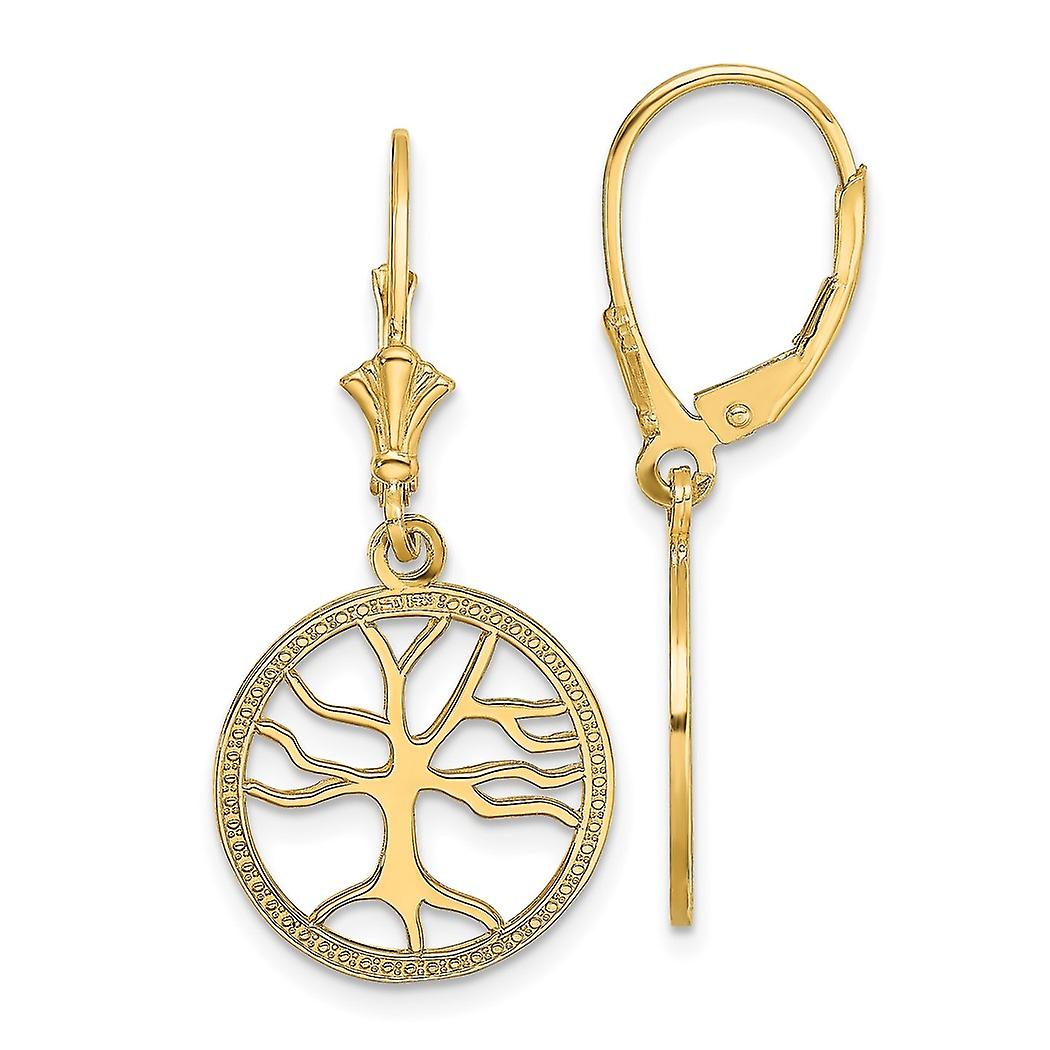 10k Solid Yellow Gold Tree Of Life In Round Frame Leverback Earrings 32.5x15mm Wide Stud Earring for Women