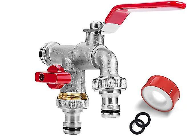 Double garden faucet with 2 outlets 3/4 and inlet 1/2, 1 roll of sealing tape, double connections an