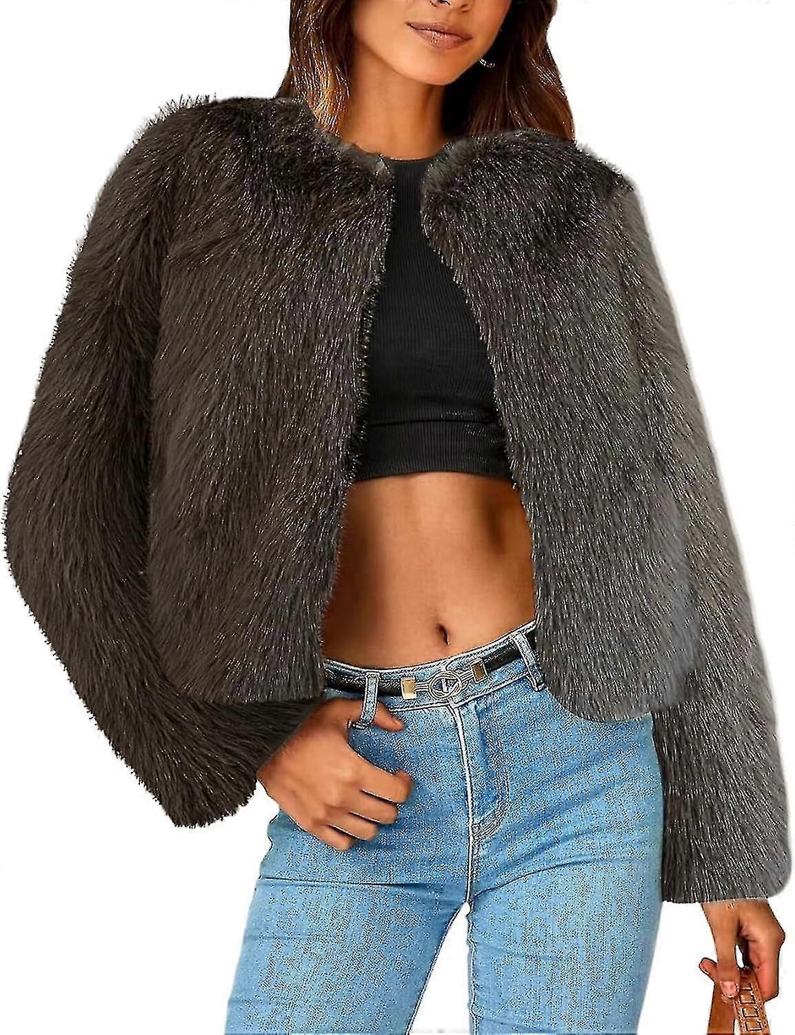 Faux Fur Jacket Women Long Sleeve Open Front Cropped Cardigan Warm