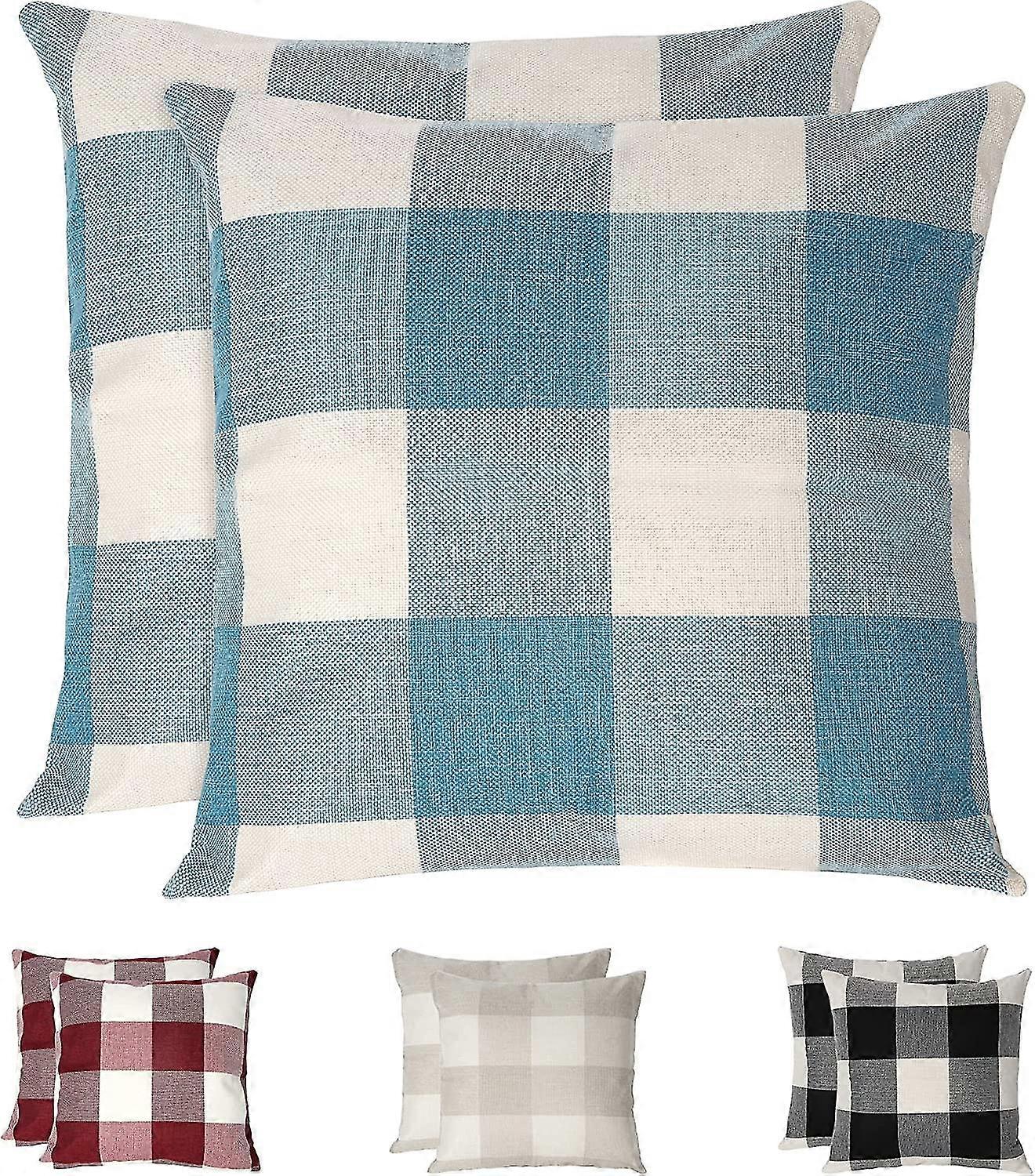Plaid Cushion Covers , Set Of 2 Wrinkle Resistant And Breathable Linen Pillowcase,blue