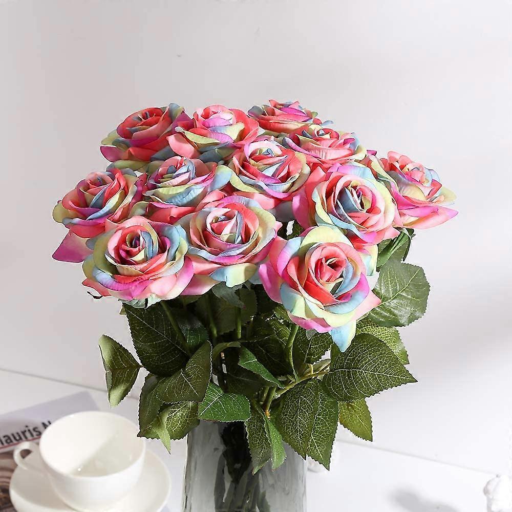 Ooki 12 Rose Blu Arcobaleno A Stelo Lungo In Seta – Fiori Artificiali Per Bouquet E Decorazioni – 50 Cm
