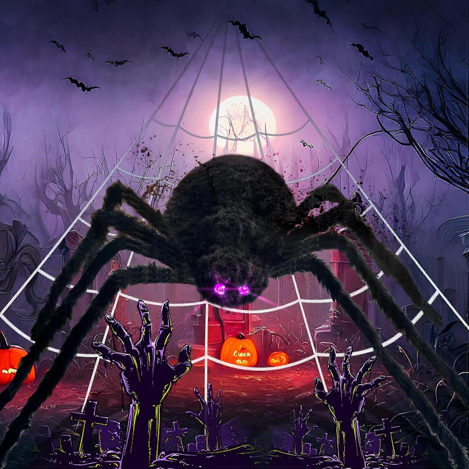 Spider Web Halloween Decoration, 59'' Giant Spider with 10 Extra Fake Spiders + 400'' Triangular Spider Web and Stretchy Cobwebs for Outdoor Indoor Ya