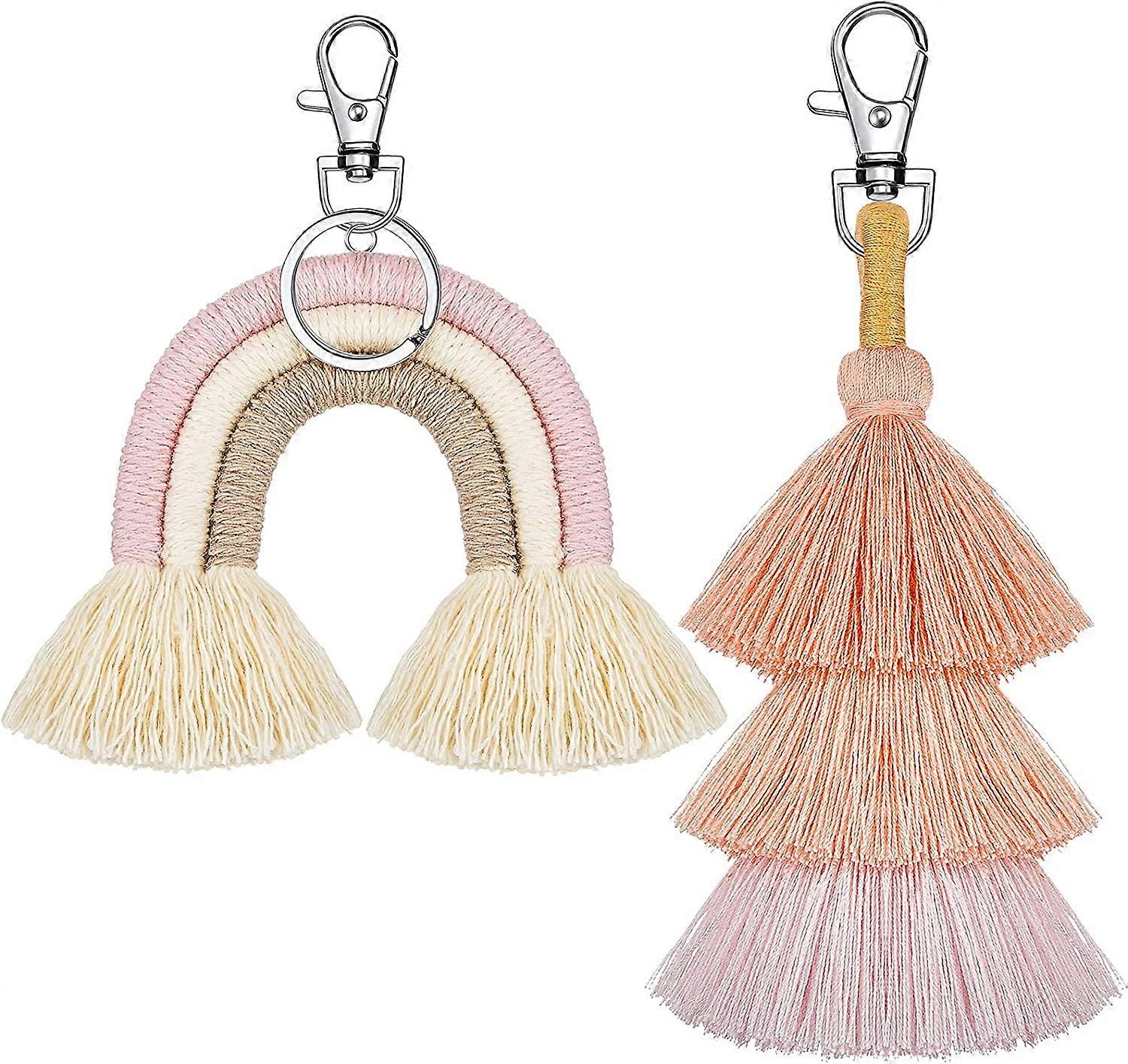 2 stykker Boho Rainbow nøkkelringer Pom Pom Tassel Macrame nøkkelringer for kvinner jenter