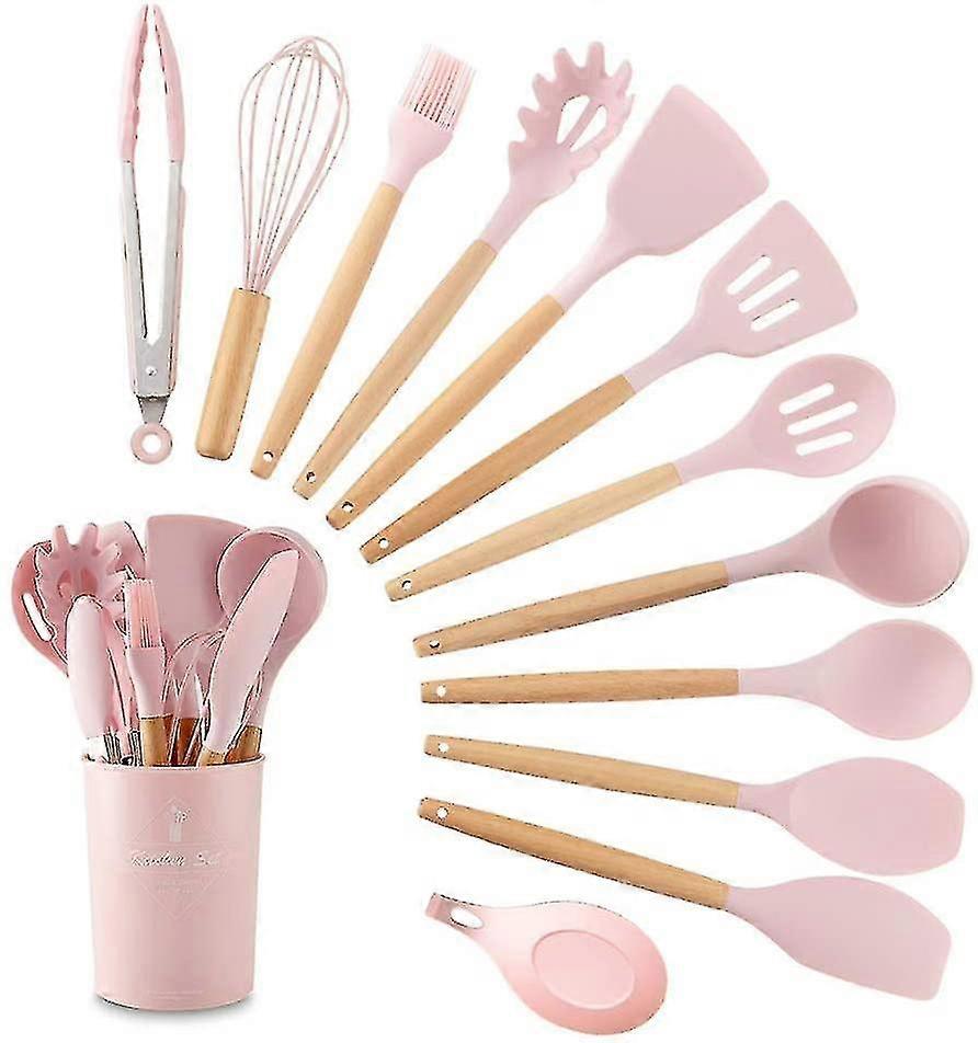 أدوات المطبخ، السيليكون والخشب مقبض مقاوم للحرارة أدوات الطبخ غير عصا مجموعة من 11 مع حامل البلاستيك، تيرنر، خفقت