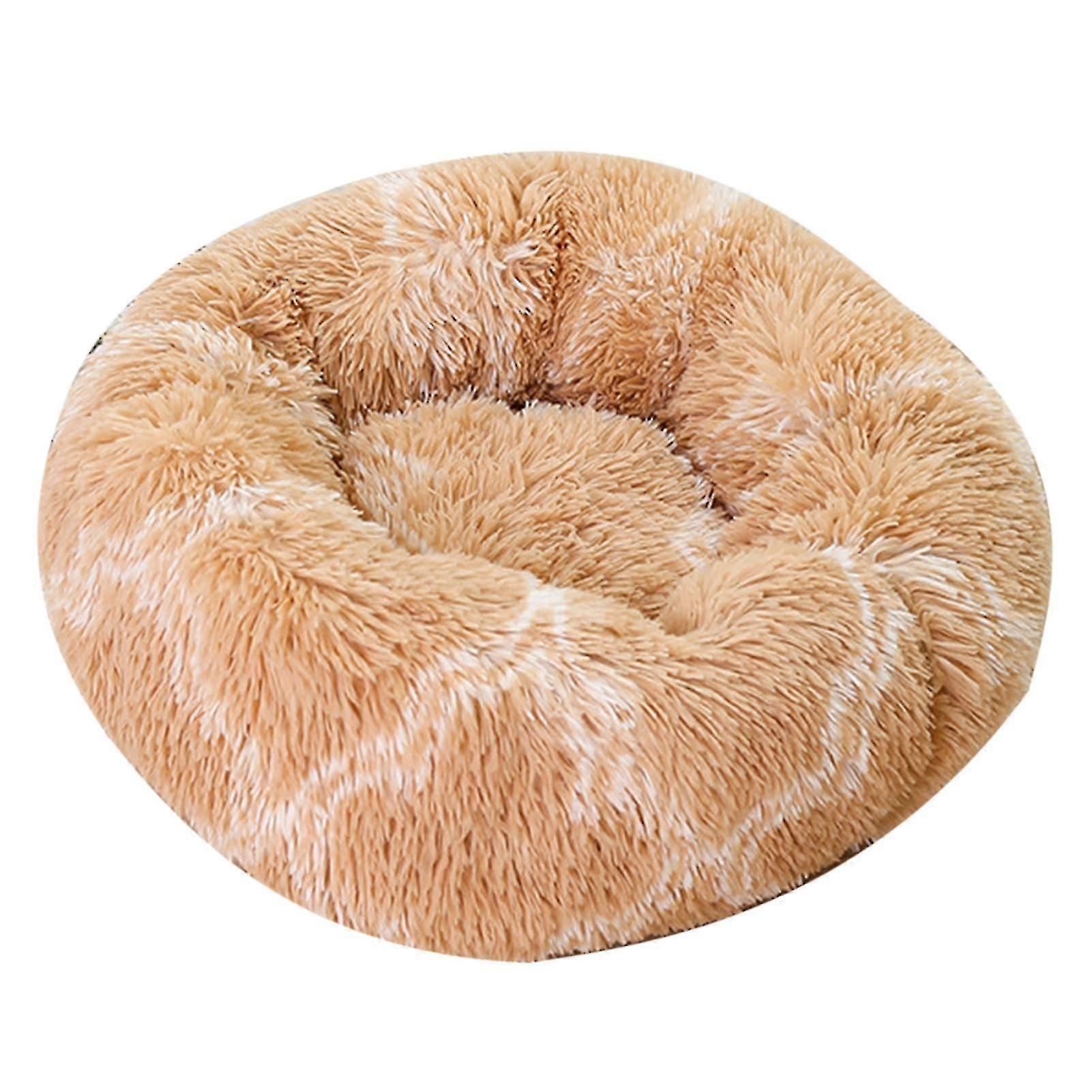 Round Plush Dog Cat Thickened Warm Soft Pet Cushion Nest Bed Mat Pad Kennel 50cm Light Brown