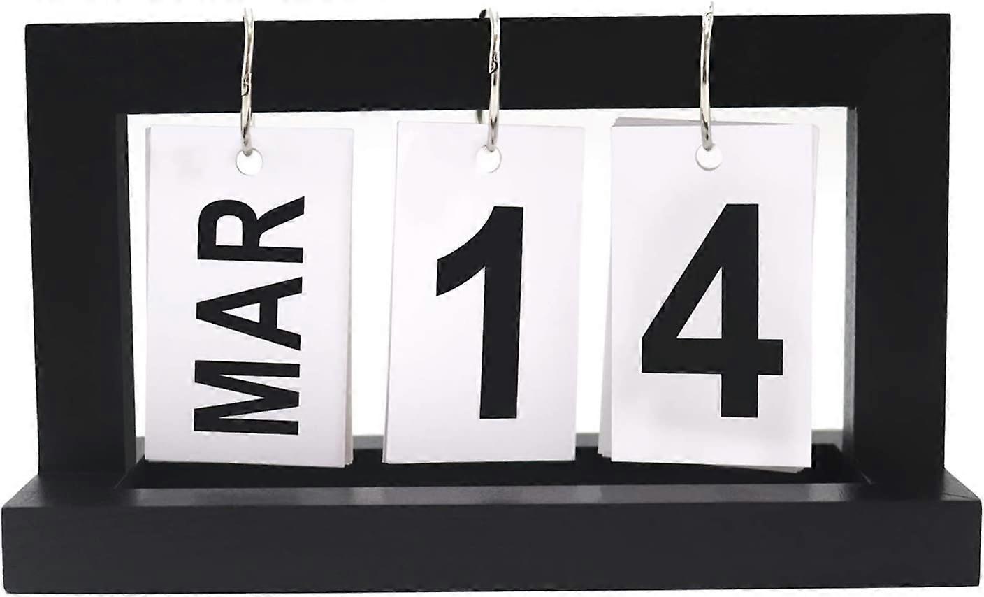 フリップチャートパーペチュアルカレンダー、木製クリエイティブシックオフィスホームデコレーションデスクカレンダー、レトロビンテージスタイルのアートワーク(ブラック)