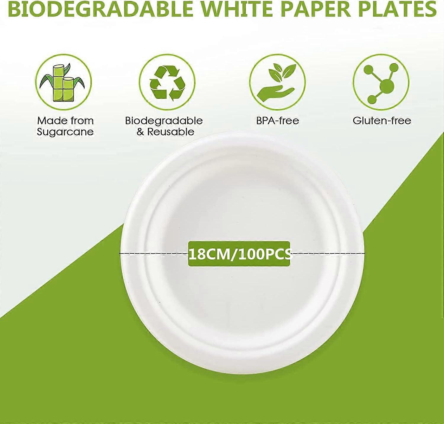 Pack of 100 white paper plates,  23 cm, 100% biodegradable and compostable, environmentally friendly disposable plates, for picnics, barbecues (23 cm/