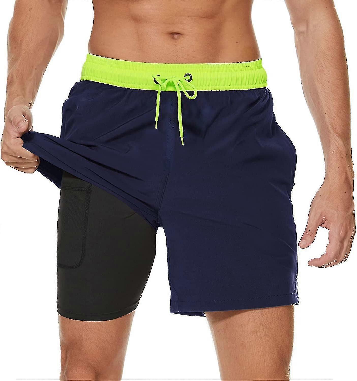 Shorts de banho masculinos com forro de compressão 2 em 1 calções de banho masculinos secos rápidos com boxer breve forrado surfe elástico shorts de praia com bolsos de zíper xi