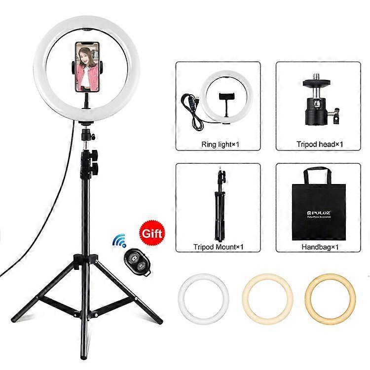 PULUZ PKT3069B 1.1m Tripod Mount + 10.2-inch 26cm Dimmable Dual Color Temperature USB LED Ring Lights Selfie Photography Video Fil